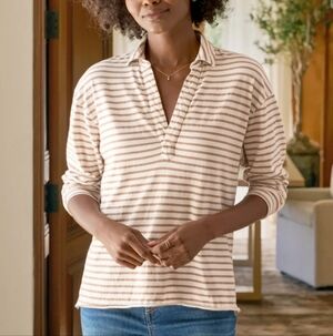 Frank & Eileen Patrick Popover Henley M  White Camel Stripe Cotton Raw Hem USA